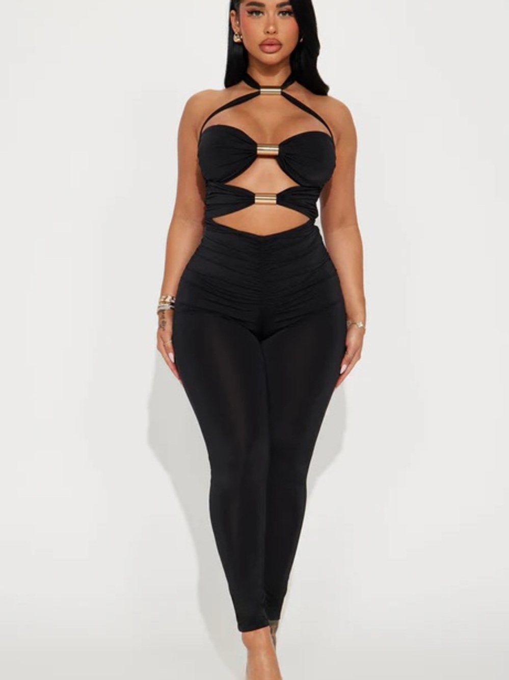 Fashion Nova Black Cutout Halter Legging Jumpsuit with Gold Accents